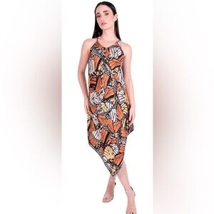 Sleeveless Butterfly-Print Midi Dress in Orange and Black